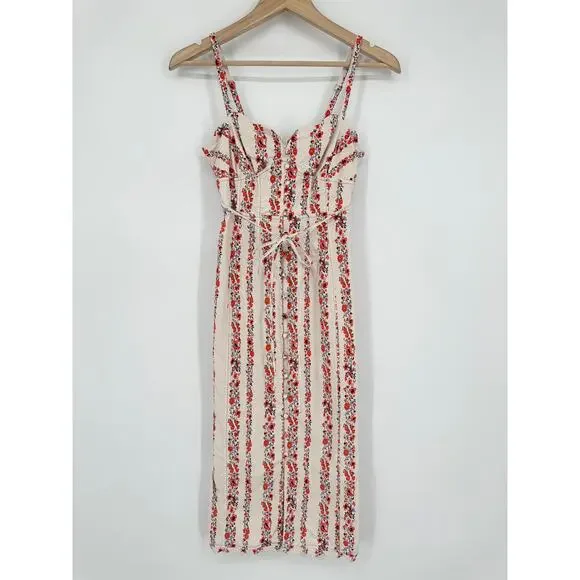 Anthropologie Slim Scalloped Corset Dress Floral Striped Belted Button Slit Midi - Picture 6 of 14